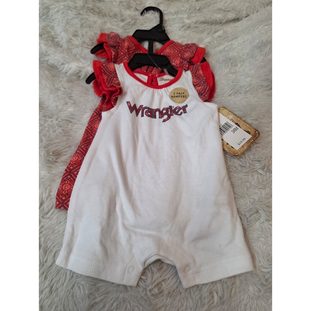 Wrangler Baby Girls 2-Pack Flutter Sleeve Rompers Set Red White 3-6 Months NWT